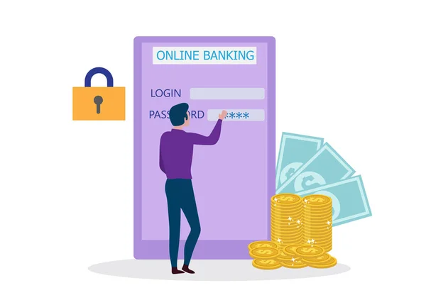 Internetbeveiliging Account Verificatie Online Bankieren Concepten Mannelijk Karakter Login Account — Stockvector