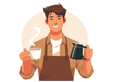 Gülümseyen Barista Kahve fincanı ve demlik