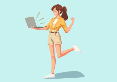 Bir dizüstü bilgisayar tutan ve tek ayak üzerinde dururken zafer jesti yapan sıradan giyinmiş neşeli genç bir kadının resmi..  