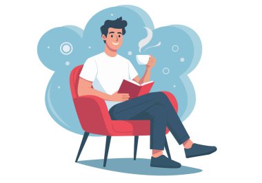 Çizimci adam kitap okuyor ve kahve içiyor.