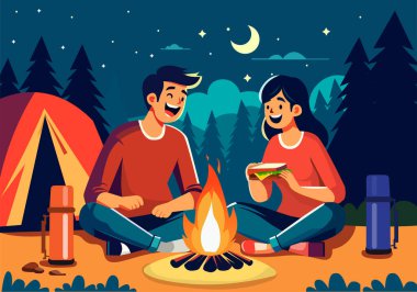 Kamp ateşinde Kamp yapan Resimli Çift Kampı