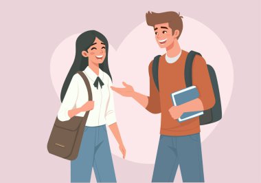 Illustration Happy Male and Female Students Talking with Heart Background