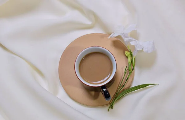 Milk Coffee Cup Terracotta Dish Placed Tender Fabric Light Tone — Stock Photo, Image