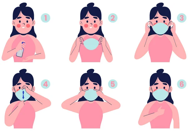 Maskeyi doğru takmayı. Güzel bir kız nasıl maske takılacağını tavsiye eder. Düz tasarım vektör çizimi
