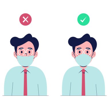 İki adam nasıl koruyucu maske takılacağını doğru şekilde gösteriyor. Düz tasarım vektör çizimi