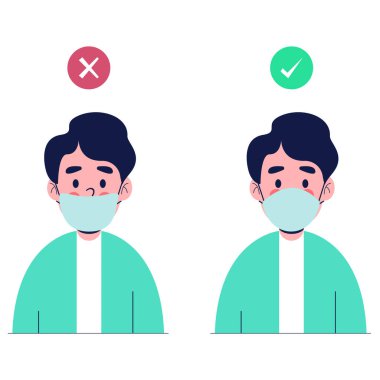 Men showing how to wearing protective mask correctly. Flat design vector illustration clipart