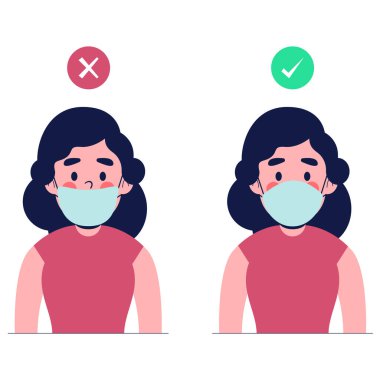 Women showing how to wearing protective mask correctly. Flat design vector illustration clipart