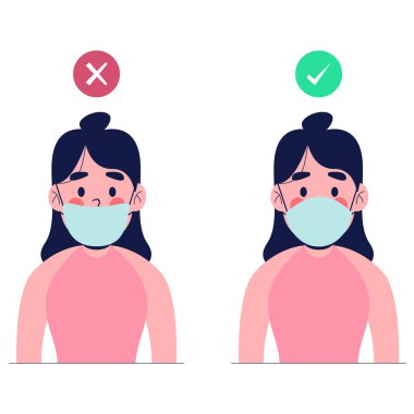 There two women showing how to wearing protective mask correctly. Flat design vector illustration clipart
