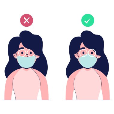 Güzel kadınlar nasıl koruyucu maske takılacağını doğru şekilde gösteriyorlar. Düz tasarım vektör çizimi