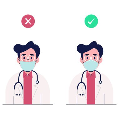 Doktor nasıl koruyucu maske takılacağını gösteriyor. Düz tasarım vektör çizimi