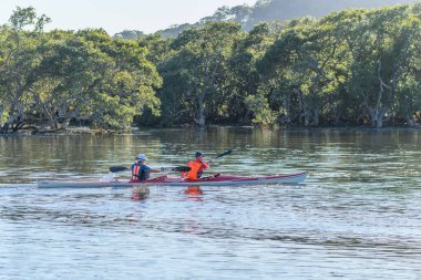 Woy Woy, NSW, Avustralya - 14 Nisan 2021: Kayakçılar körfezde sabah sırasının keyfini çıkarıyorlar.