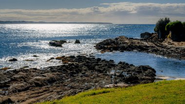 Avustralya, NSW 'nin güney kıyısındaki Eurobadalla Shire' deki Bermagui 'de mavi deniz ve beyaz kumlar..