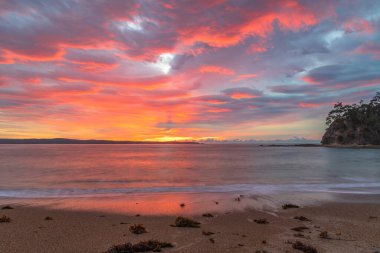 Sunrise Seascape, Avustralya 'nın NSW' nin güney kıyısındaki Sunshine Körfezi 'nde bulutlu.