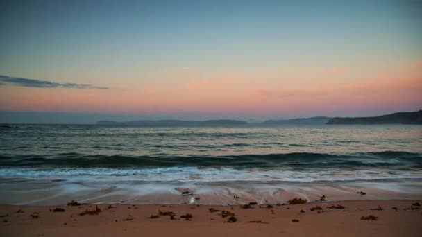 早朝満月 オーストラリア ニューサウスウェールズ州中央海岸のブドゥディ国立公園のパテビーチから海沿いのスーパームーンの設定 — ストック動画
