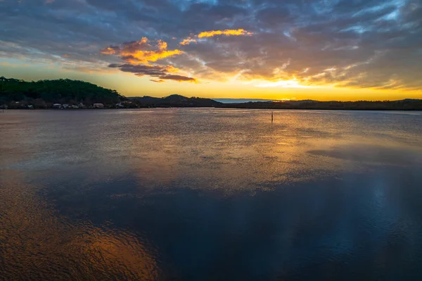 Aerial Sunrise Waterscape Mix Medium High Cloud Cover Reflecting Bay — Stock Photo, Image