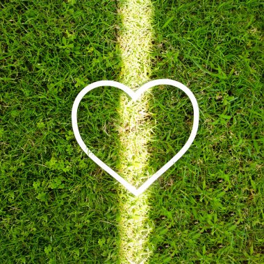 A white frame in a shape of a heart on a green grass, a ray of light cutting the frame in two. Desperate summer love concept.