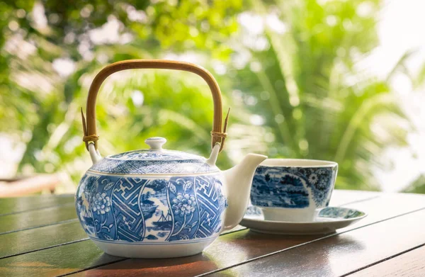 Beautiful Blue Patterned White Tea Set Herbal Drinks Wooden Table — Stock Photo, Image