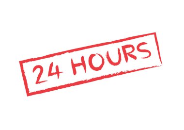 Kırmızı açıkça 24 saatlik kırmızı kare kelime beyaz arkaplanda izole