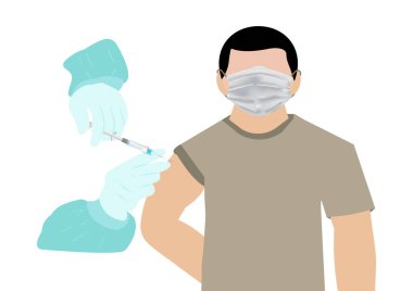 Tıbbi maskeli insanlara beyaz arka plan ep03 'te izole edilmiş kovid 19 aşısı enjekte edilir.