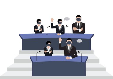 Senato siyah tıbbi maskeler giyer konferans odasında beyaz arka plan, covid19 corona virüs dönem vektörleri ep05