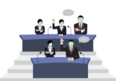 Senato yeşil tıbbi maskeler giyer konferans odasında beyaz arka plan, covid19 corona virüs dönem vektörleri ep05