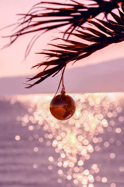 Romantik Noel geçmişi. Yılbaşı toplu palmiye ağacı. Arka planda bulanık deniz ve bokeh. Noel tebrik kartı. Sıcak ülkelerde yeni yıl tatili. Pembe tonlama. Dikey. Boşluğu kopyala
