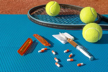 Tenis raketi, toplar, çeşitli ilaçlar, tenis kortunun arka planında çözeltisi olan şırınga. Spor iyileştirme, ilaç, rehabilitasyon konsepti. Boşluğu kopyala