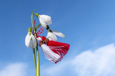 Mavi gökyüzüne karşı kar damlaları ve martenitsa. Martisor rüzgârda savruluyor. 1 Mart - geleneksel incik boncuklar. Baba Marta Günü - Bulgaristan bayramı. Bahar Konsepti 'nin başlangıcı. Boşluğu kopyala.