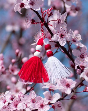 Pembe çiçekli bahar arkaplanı ve Bulgaristan 'ın bahar sembolü - martenitsa. Çiçek açan ağaçla güzel bir doğa sahnesi. Bahar çiçekleri elmalı kirazlı sakura. Selamlar, kart, baharın başlangıcı