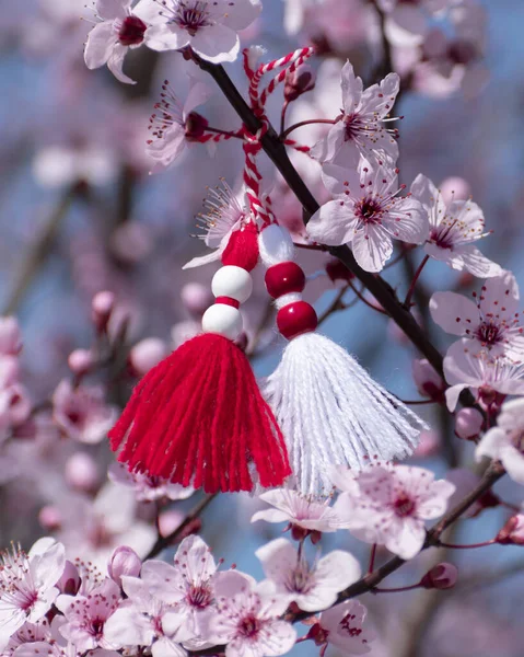 Frühling Hintergrund Mit Rosa Blüte Und Bulgarischen Symbol Des Frühlings — Stockfoto