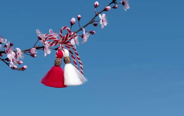 Voorjaarsachtergrond Met Roze Bloesem Bulgaars Symbool Van Lente Martenitsa Prachtige — Stockfoto