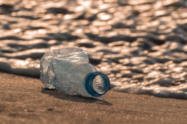 İklim krizi ve çevre sorunları kavramı. Tek kullanımlık plastik kirliliği Dünya Gezegeni 'ni yok ediyor. Okyanus kenarında tek kullanımlık plastik su şişesi, arka planda bulanık deniz. Çevrecilik. Seçici odak