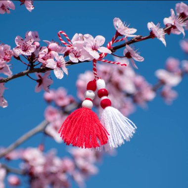 Blossoming tree branch and martenitsa against the blue sky. Martisor and spring bloom. March 1st - traditional trinkets. Baba Marta Day - Bulgarian holiday. Beginning of Spring Concept.Square clipart