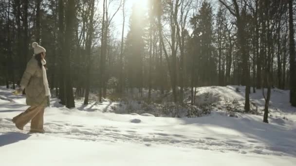 Mama nosi dziecko na sankach. Rodzina w śnieżnym lesie. Widok boczny. — Wideo stockowe