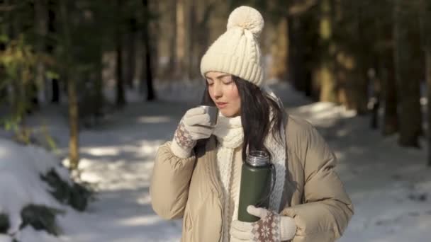 Vooraanzicht. Meisje drinkt warme thee in het bos in de winter. — Stockvideo