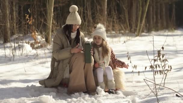 Mamá y su hija beben té caliente en el bosque de invierno. — Vídeo de stock