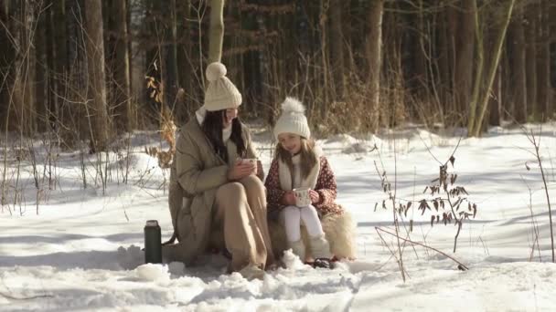 Giovane madre e figlia si divertono a bere il tè nei boschi. — Video Stock