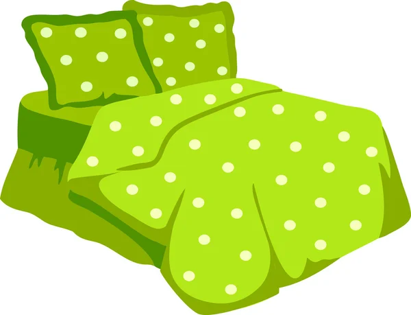 Bed met groene deken en kussen. Vectorillustratie — Stockvector