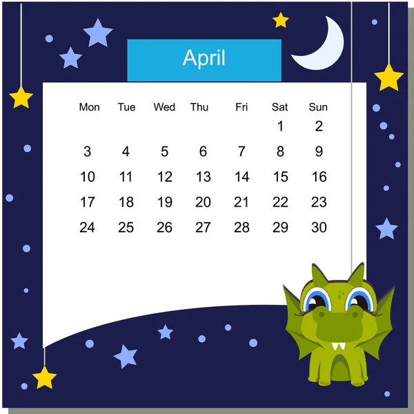 Cadru cu Dragon. Calendar 2017. Aprilie. Săptămâna începe luni — Vector de stoc