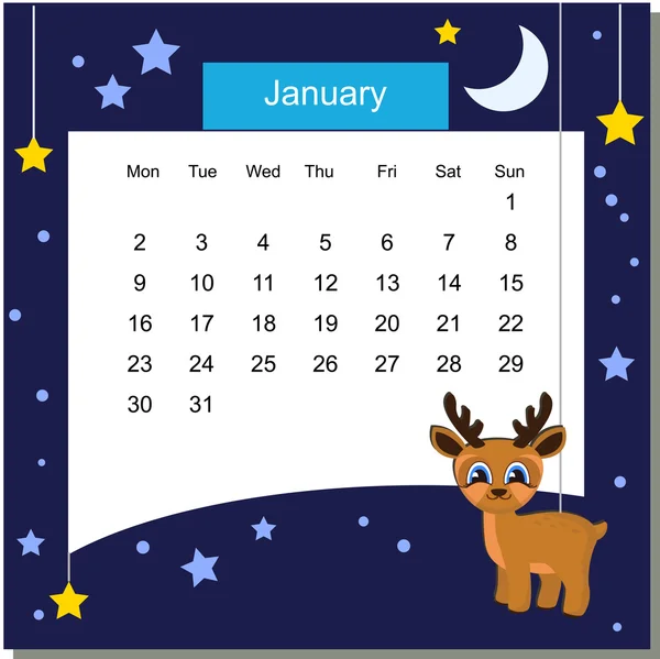 Frame with Deer. Calendar 2017. January. Week Starts Monday — Stock Vector