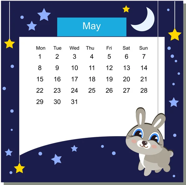 Cadru cu iepure. Calendar 2017. Mai. Săptămâna începe luni — Vector de stoc