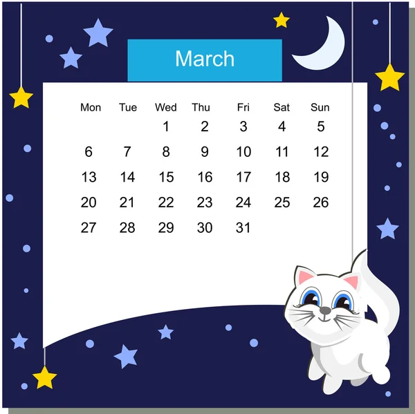 Cadru cu pisică. Calendar 2017. Martie. Săptămâna începe luni — Vector de stoc