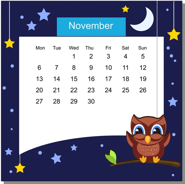 框架与猫头鹰。2017 年日历。11 月。每周从星期一开始 — 图库矢量图片