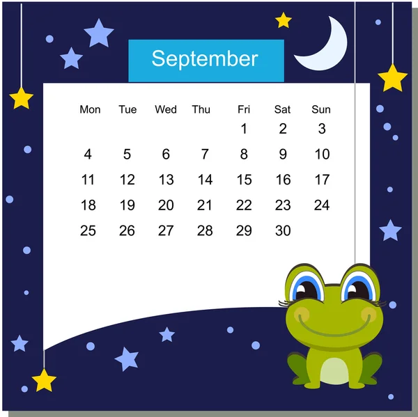 Rahmen mit Frosch. Kalender 2017. september. Woche beginnt am Montag — Stockvektor
