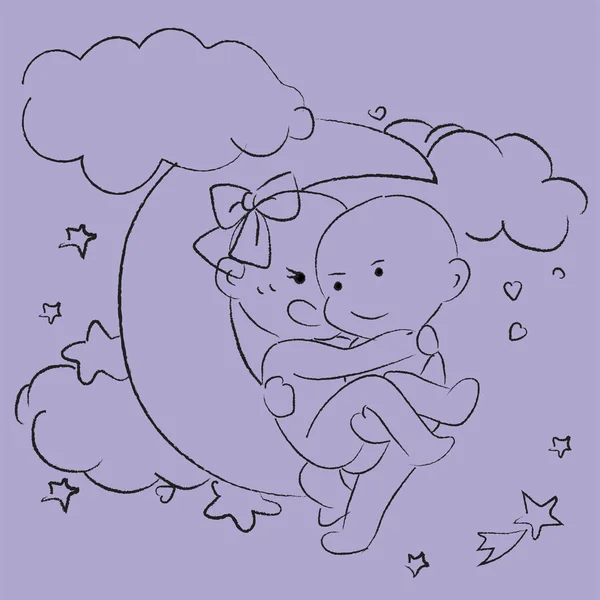 Romántico Los Amantes Luna Por Noche Pareja Enamorada Lindo Chib — Vector de stock