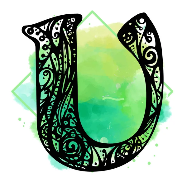 Buchstabe U-Logo auf grünem Aquarell-Spritzgrund. Vektor des grünen Natur-Logos. Vektordekoration. — Stockvektor