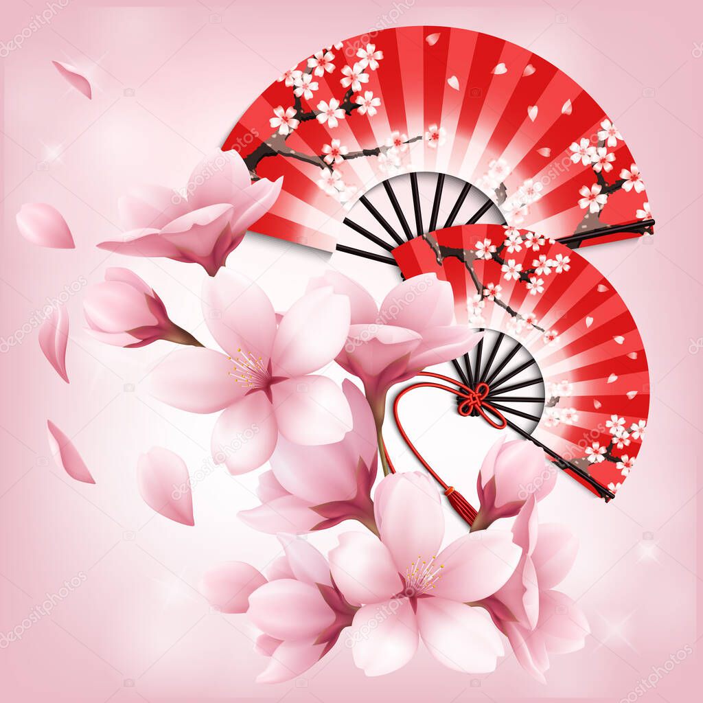Realistic japanese folding fan with sakura flowers ornament on pink vector illustration