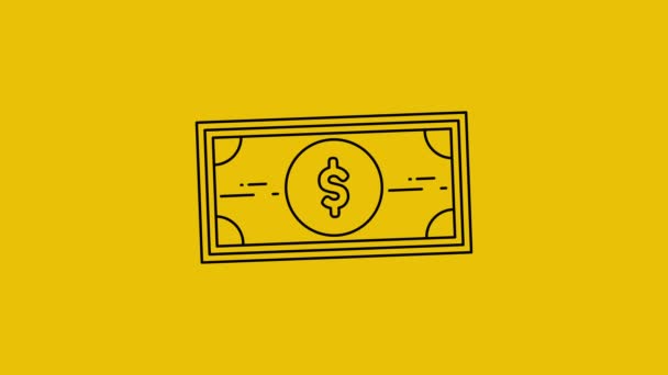 ドル紙幣黒アイコンアニメーション トリムパスアニメーション 4Kビデオ 黄色の背景 — ストック動画