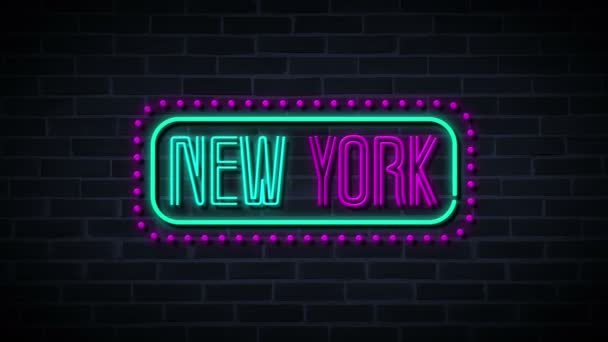 Neon Nowy Jork Znak Kropki Video Motion Animation Brick Ściany — Wideo stockowe