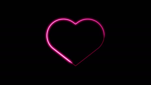 Cuore Neon Linea Luminosa Icona Isolato Sfondo Nero Animazione Grafica — Video Stock